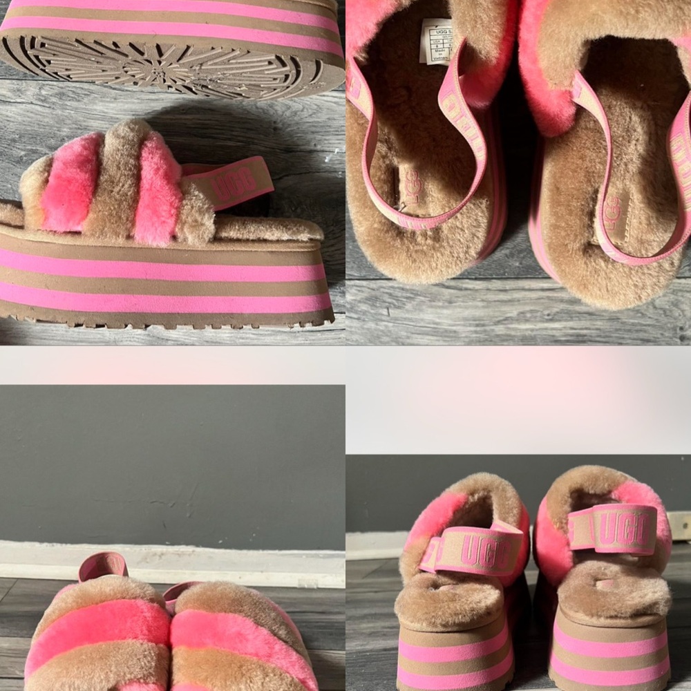 UGG Pink and Tan Fluffy Platform Sandals Disco Slippers Slip